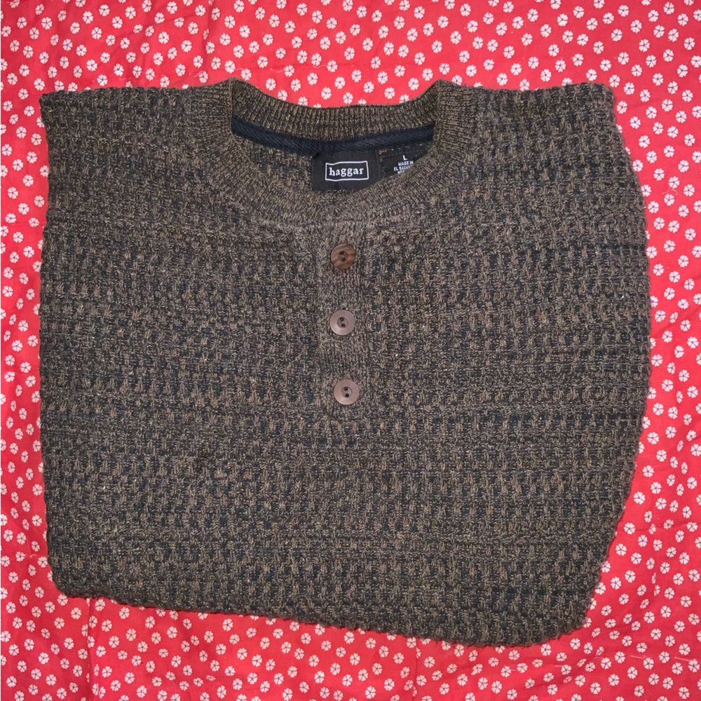 Haggar Brown knit‎ Sweater heather cotton brown black large button